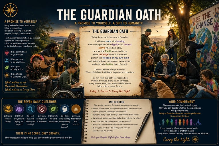 An educational infographic poster titled The Guardian Oath featuring diverse people collaborating outdoors with values for