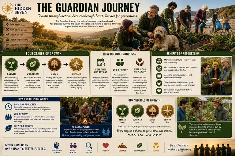 The Guardian Journey infographic showing stages of personal growth, community service principles, and leadership development.