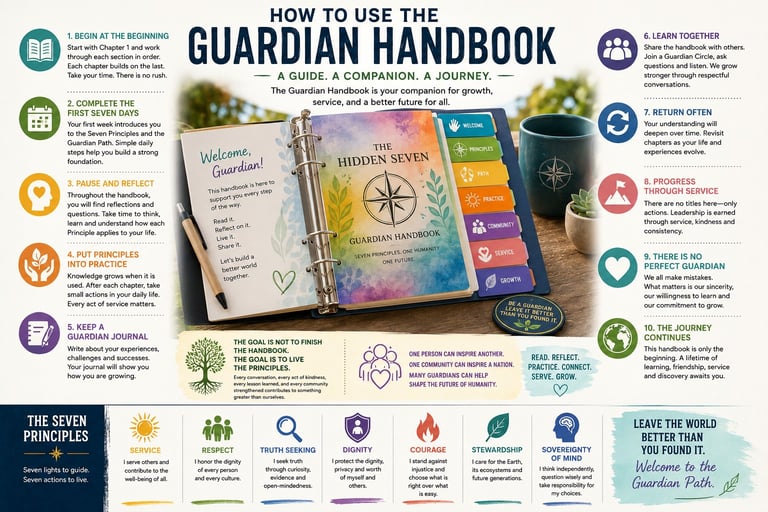 Infographic titled How to Use the Guardian Handbook detailing personal growth steps and the Seven Principles.