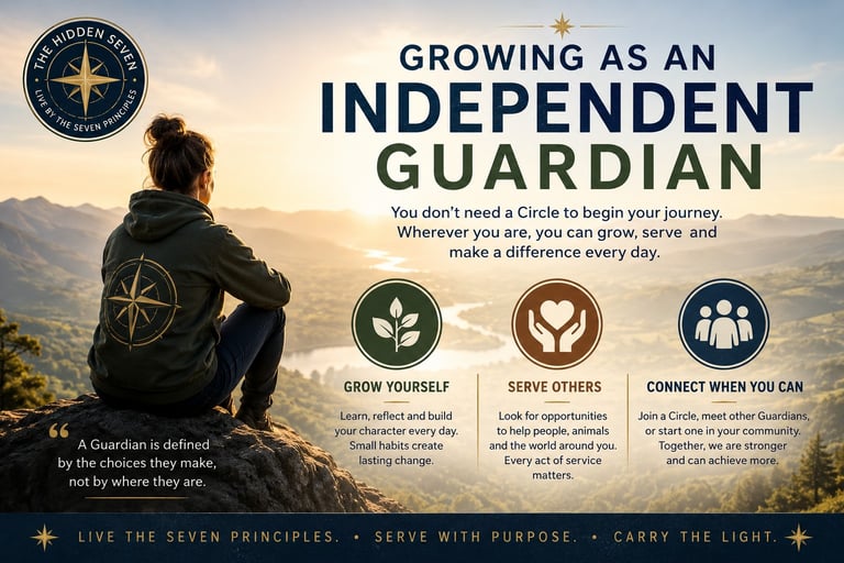 A woman in a compass hoodie sits on a mountain peak looking at a valley, featuring Independent Guardian principles.