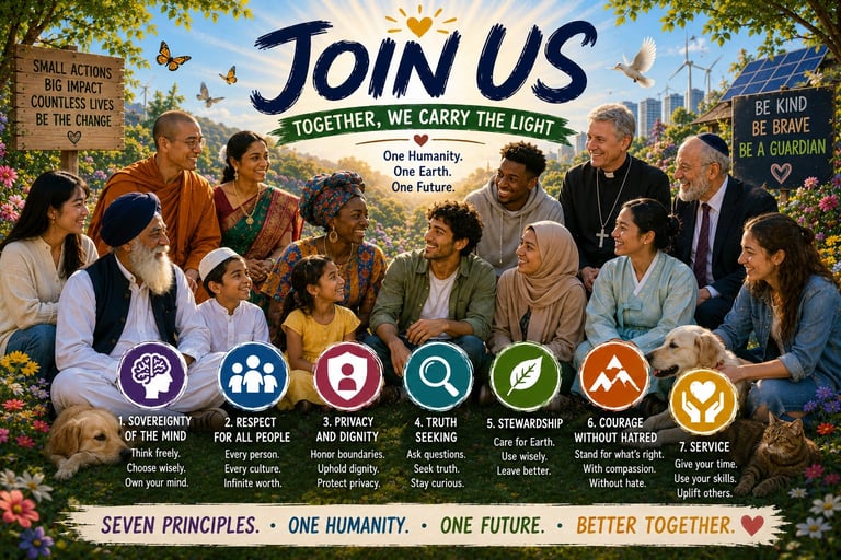 Diverse group of people from various faiths and cultures gathering outdoors for humanitarian unity and global peace.
