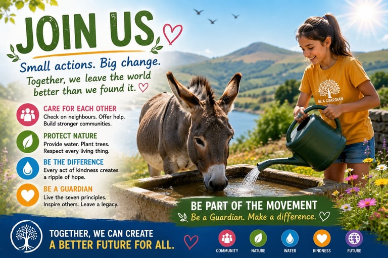 A girl waters a donkey at a stone trough with a scenic mountain backdrop and community values text.