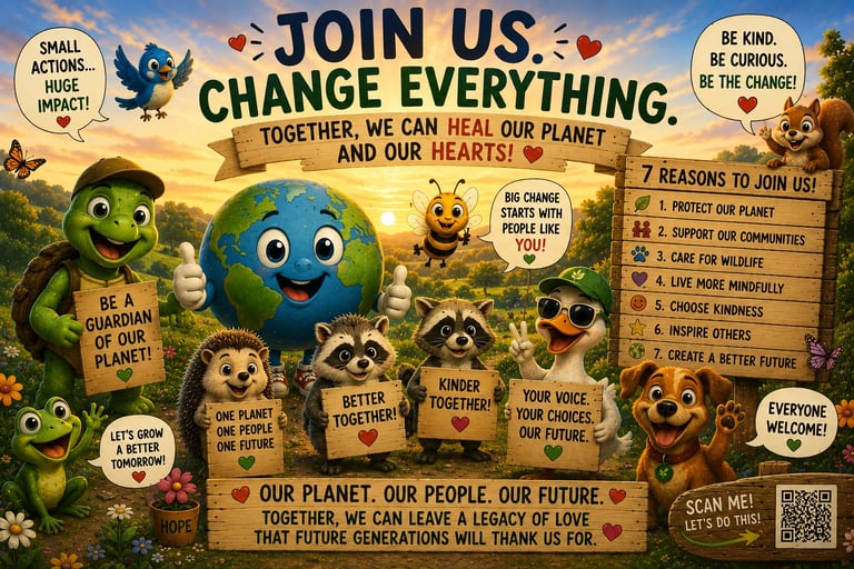 Cartoon animals holding signs with environmental conservation and community kindness messages in a lush landscape.