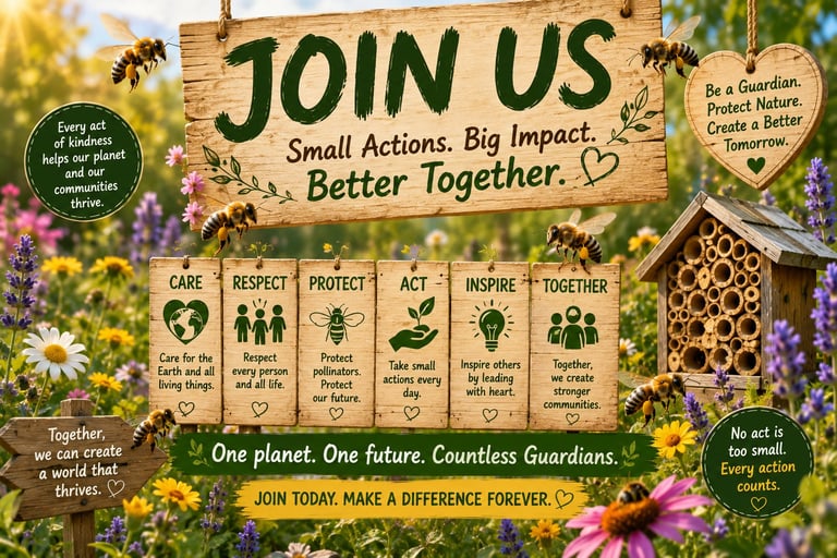 Environmental conservation poster with bees, wildflowers, and wooden signs encouraging community action for nature.