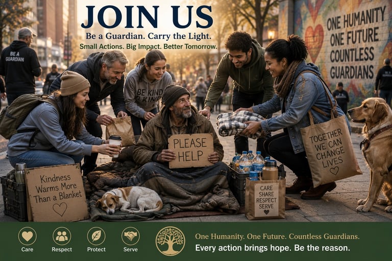 Volunteers helping a homeless man on a city street with food, blankets, and water for community outreach.