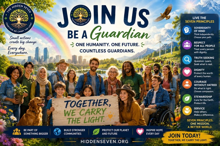 A diverse group of people smiling together in a landscape with a rainbow, representing The Hidden Seven community.