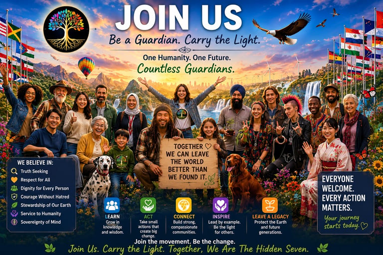 Diverse group of global guardians smiling in a vibrant landscape with a Tree of Life logo and motivational text.