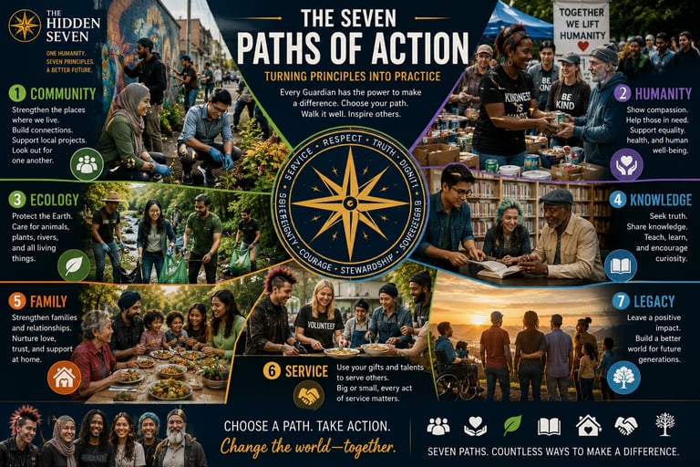 An infographic titled The Seven Paths of Action showcasing community service, ecology, and humanitarian aid for global