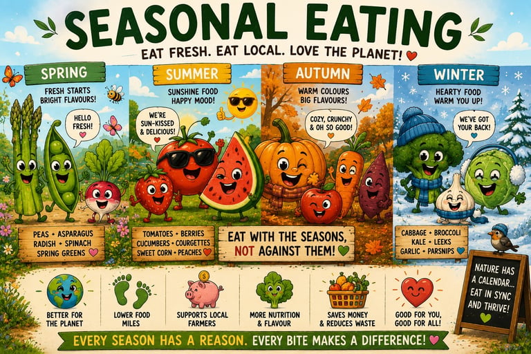 Seasonal eating chart with cute cartoon vegetables showing seasonal produce for spring, summer, autumn, and winter.