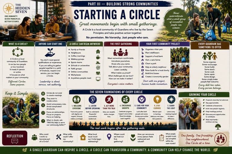 Infographic guide on building community groups called Starting a Circle with seven core principles and community project