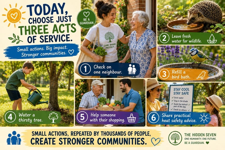 Infographic showing six community acts of service including helping neighbors and caring for local wildlife.