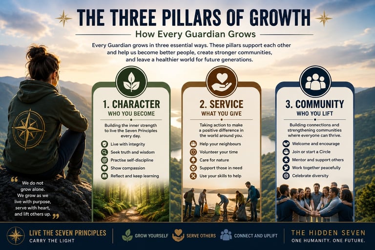 Infographic detailing The Three Pillars of Growth: Character, Service, and Community, for personal development and community