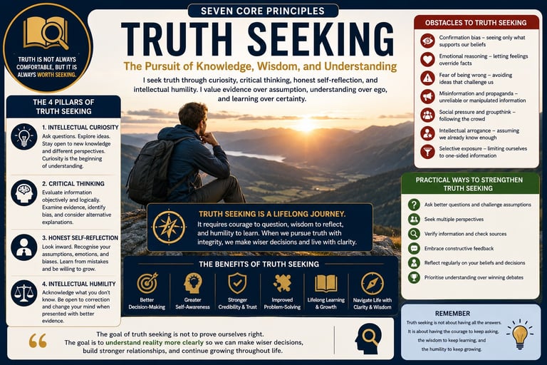 An educational infographic about truth seeking principles, including the four pillars and obstacles to knowledge.