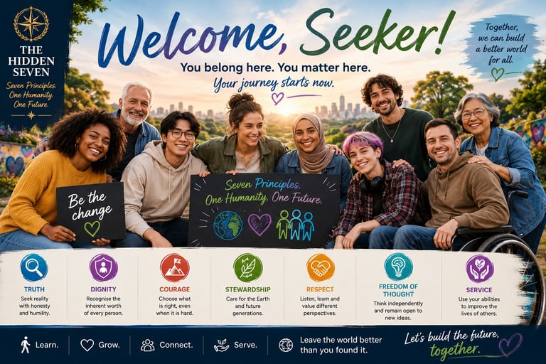 Diverse community group holding a sign about Seven Principles for a better world against a city skyline.