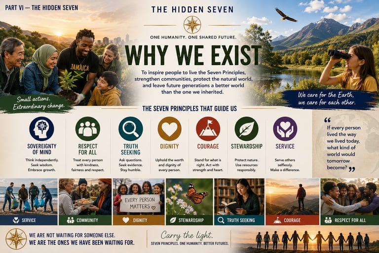 Infographic titled The Hidden Seven displaying seven principles for humanity with photos of community service and nature.