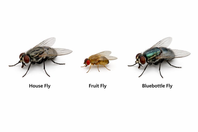 Close-up of three common flies in lebanon