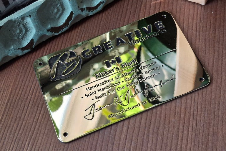 Engraved brass plaque, hand finished to mirrored polish