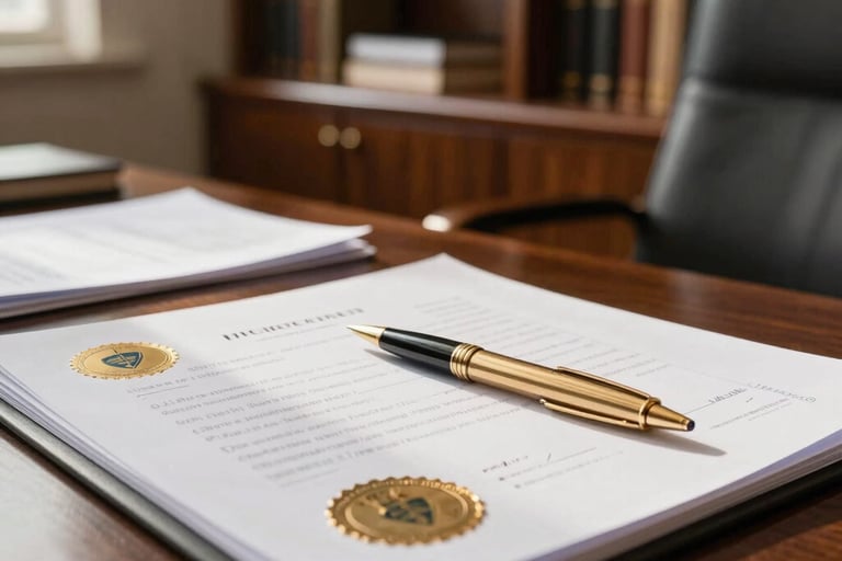 A sophisticated legal office setting in Brazil, featuring a desk with a gold pen, official papers with seals, and a background of elegant wooden shelves, illuminated by warm sunlight.