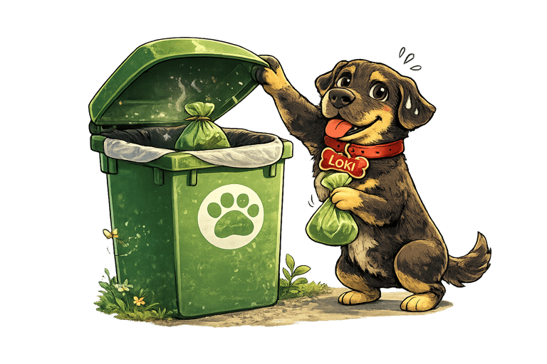 Loki cleaning up after hiself with a certifiable compostable poop bag