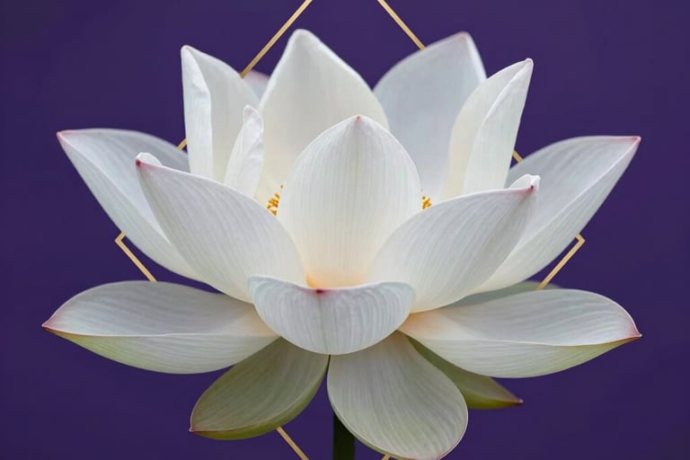 A high-end, artistic photograph of a white lotus flower with a subtle gold geometric overlay, set against a deep royal purple background. Global / Western.
