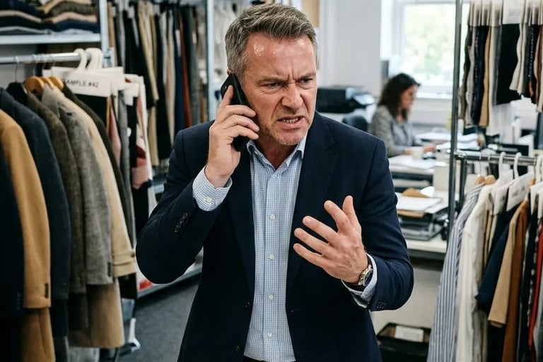 Frustrated client on phone discussing fabric supply issues