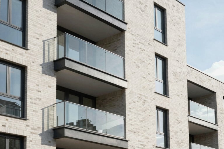 Architectural detail of a modern, clean UK residential development facade, highlighting clean brickwork, glass balconies, and soft natural daylight.
