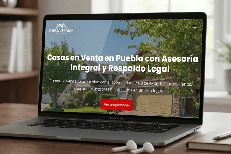 Laptop que muestra una página web inmobiliaria de casas Velaris en Puebla con asesoramiento legal
