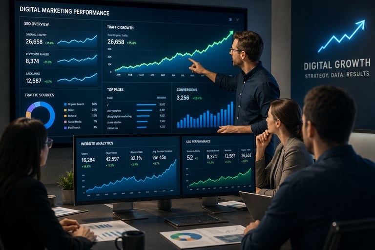 Digital marketing team analyzing SEO performance and website analytics charts on large office displays.