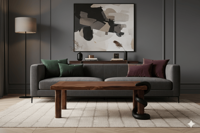 Mesa de centro de madera tallada con una escultura realista de serpiente negra enrollada alrededor