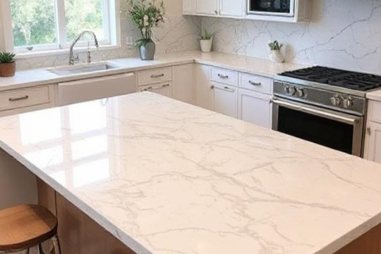 A bright, modern kitchen with quartz countertops.