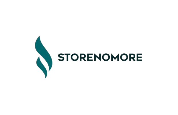 STORENOMORE company logo with a teal flame-like icon and bold black typography.