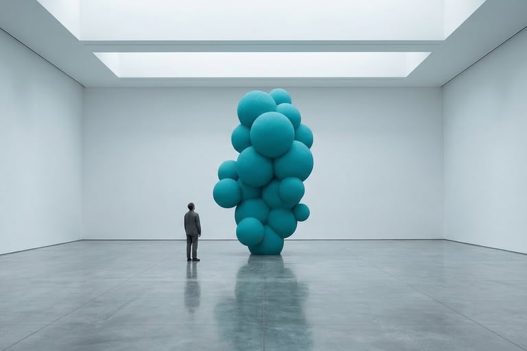 Sculpture Agathe turquoise monumentale dans espace d'exposition, murs blancs, spectateur minuscule devant la sculpture