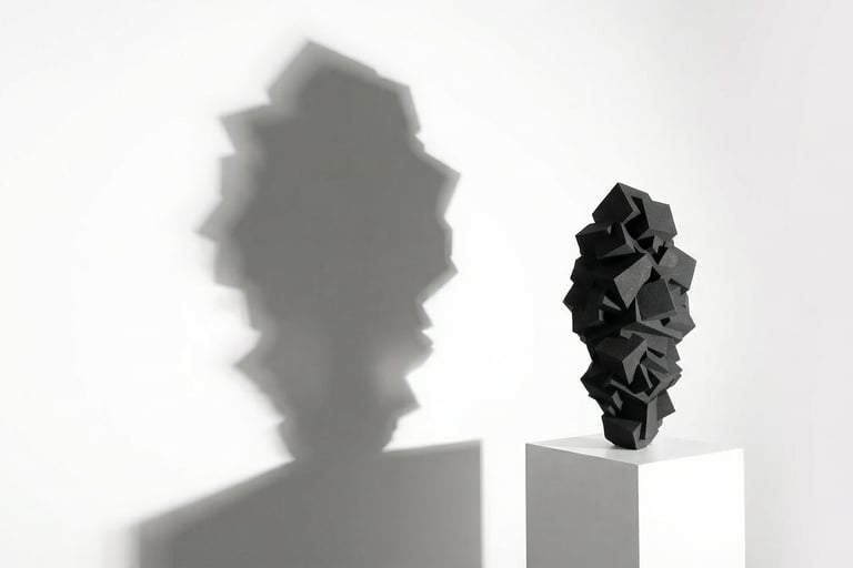 Sculpture Pyrite noire monochrome sur socle blanc, ombre portée sur mur