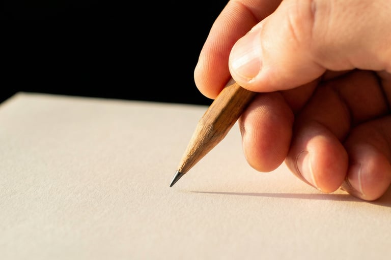 Main qui tient un crayon de papier au-dessus d'une feuille blanche