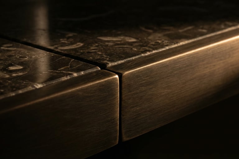 Détail meuble hapax en laiton brossé et marbre noir
