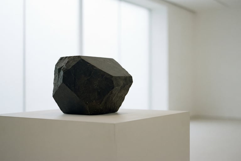 Forme géométrique en pierre noire sur socle blanc dans un espace d'exposition blanc