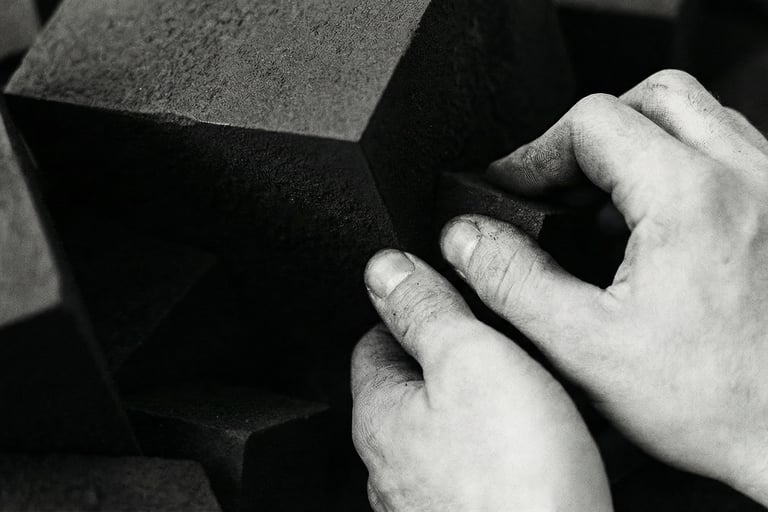 Gros plan de mains qui travaillent sur sculpture Pyrite Stanislas Garaud