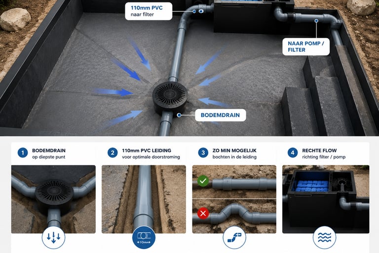 Technical diagram of a pond bottom drain system showing 110mm PVC piping connected to a filtration pump.