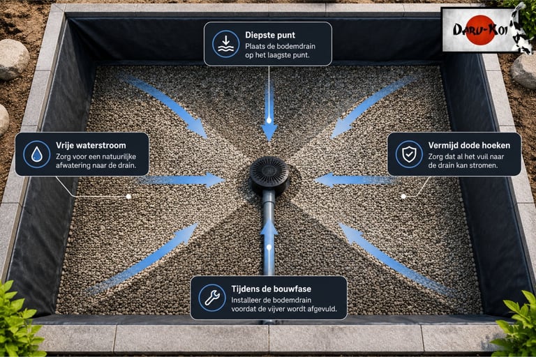 Diagram of a koi pond bottom drain installation showing water flow over gravel to a central drainage point.
