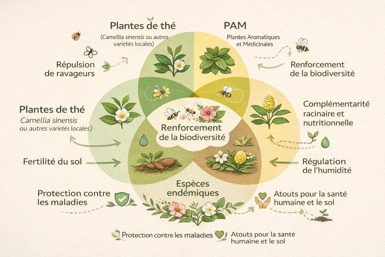 Diagram showing tea plant biodiversity, soil fertility, and medicinal aromatic plants in a sustainable ecosystem.