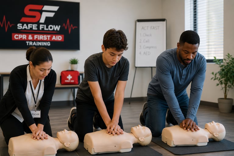 Students practicing chest compressions on manikins during a professional CPR and first aid training class.