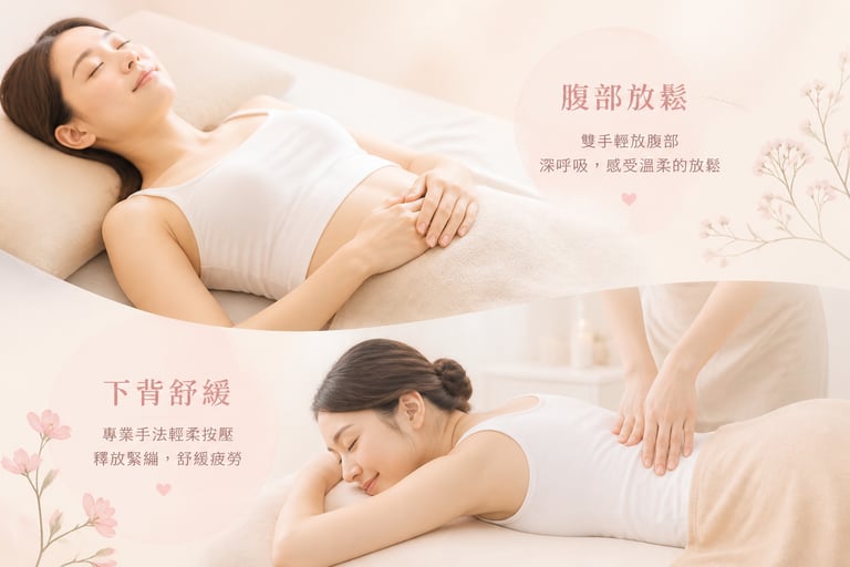 女性腹部與下背部放鬆示意圖