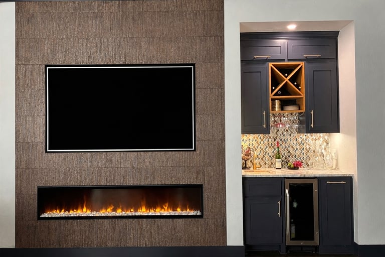 Modern fireplace feature wall with recessed TV and wet bar