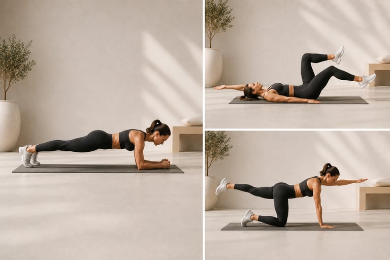 Femme 40+ réalisant des exercices de gainage différents : planche statique, dead bug, bird dog