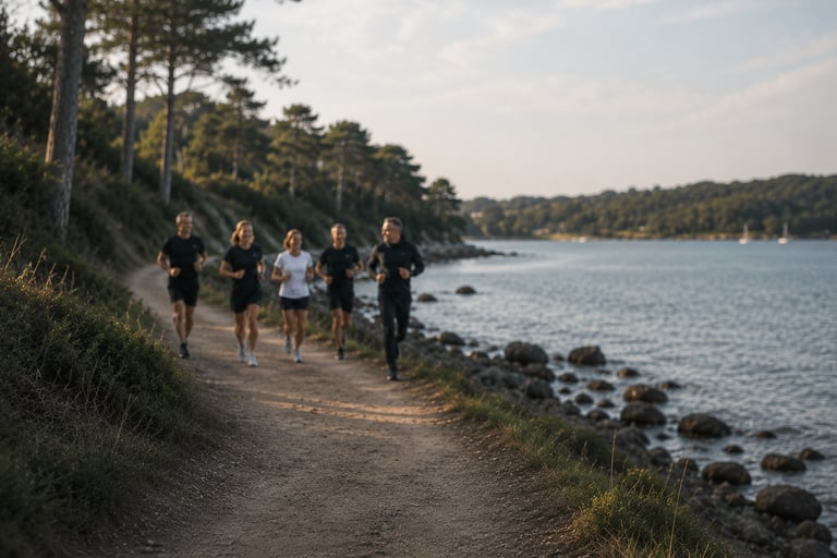 Small group en séance training au bord de l'eau le matin