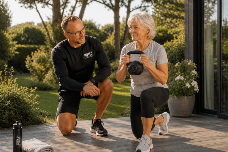 Coach RPL+ avec sa cliente sur terrasse à domicile lors d'un entrainement force fonctionnele.