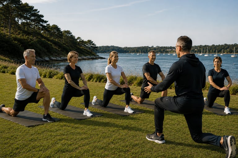 Small Group en séance de mobilité sur une pelouse face au Golfe du Morbihan à Sarzeau