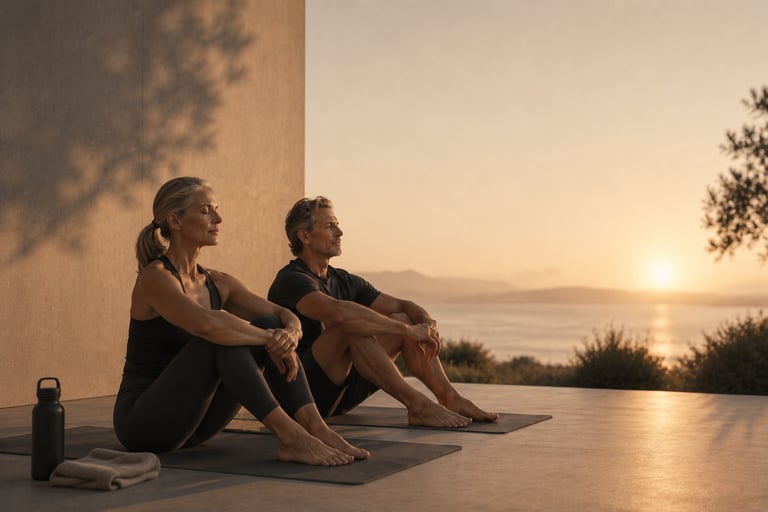 Couple assis sur la terrasse pour un retour au calme après une séance RPL+ afin de favoriser la récupération