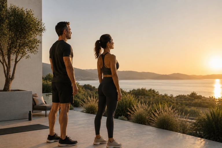 Couple pratiquant une respiration calme au lever du soleil face au Golfe du Morbihan