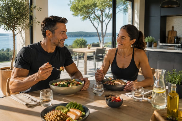 Couple qui déjeune ensemble un repas équilibré apportant glucides, protéines et lipides.